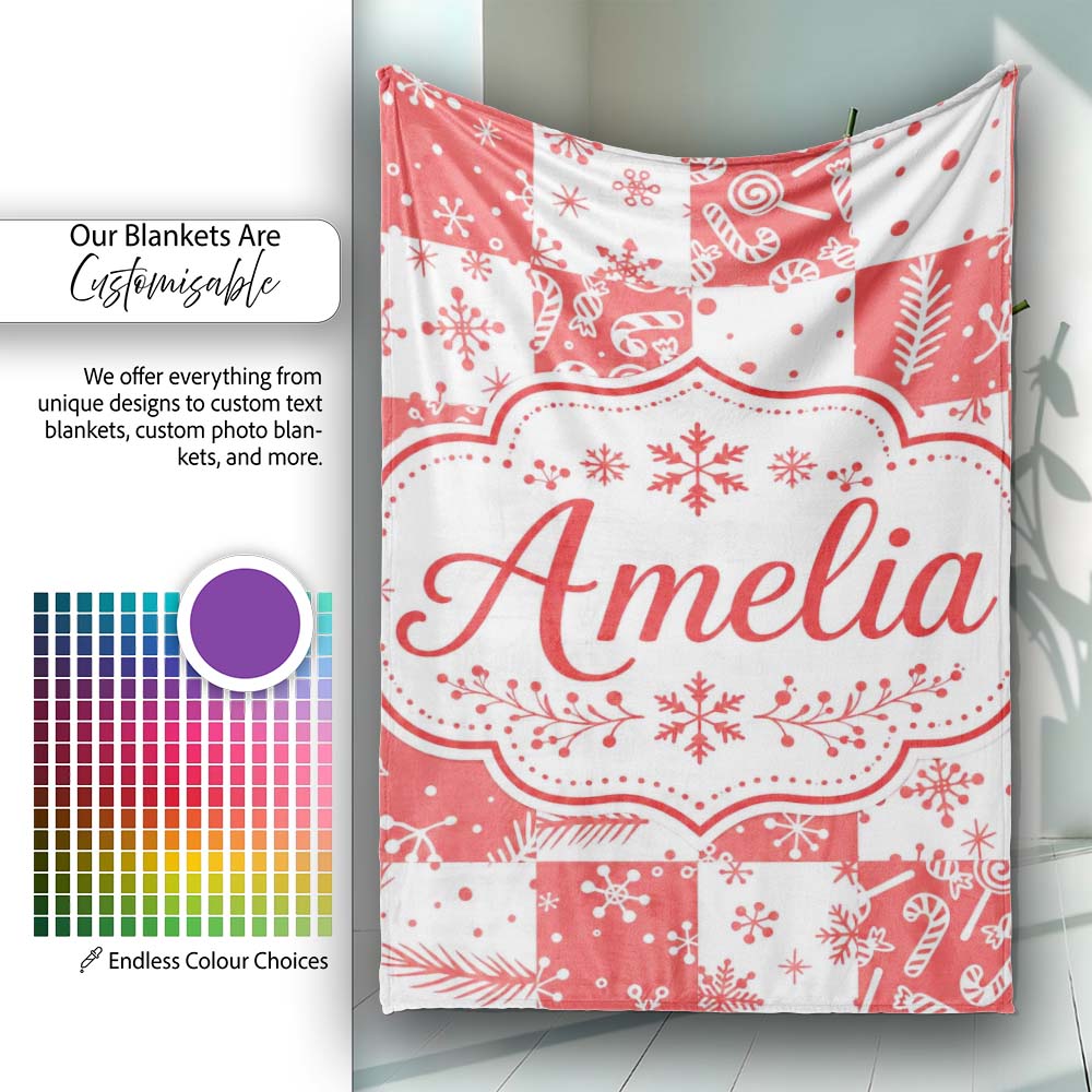 Red White Patchwork Christmas Candy Snowflake Seamless Pattern Personalised Custom Name Super Soft Fleece Blanket Bed Sofa Throw