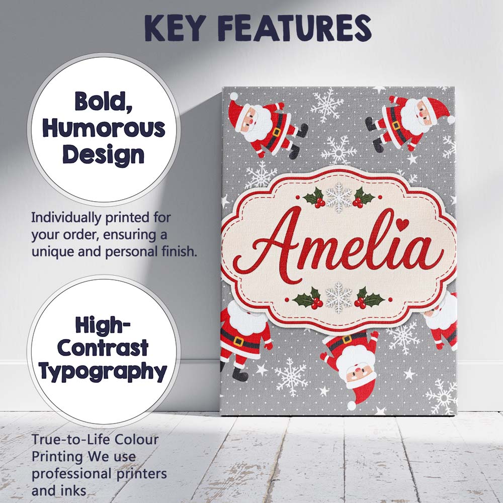 Personalised Name Cute Santa Claus Snowflakes Custom Unique Gift Idea Modern Room Accent Canvas Wall Art Print Decor Picture Ready to Hang