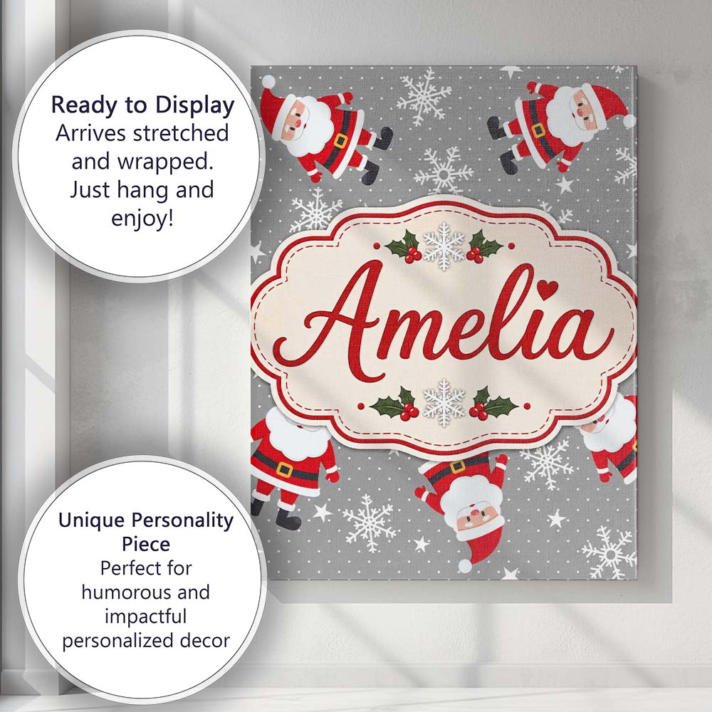 Personalised Name Cute Santa Claus Snowflakes Custom Unique Gift Idea Modern Room Accent Canvas Wall Art Print Decor Picture Ready to Hang