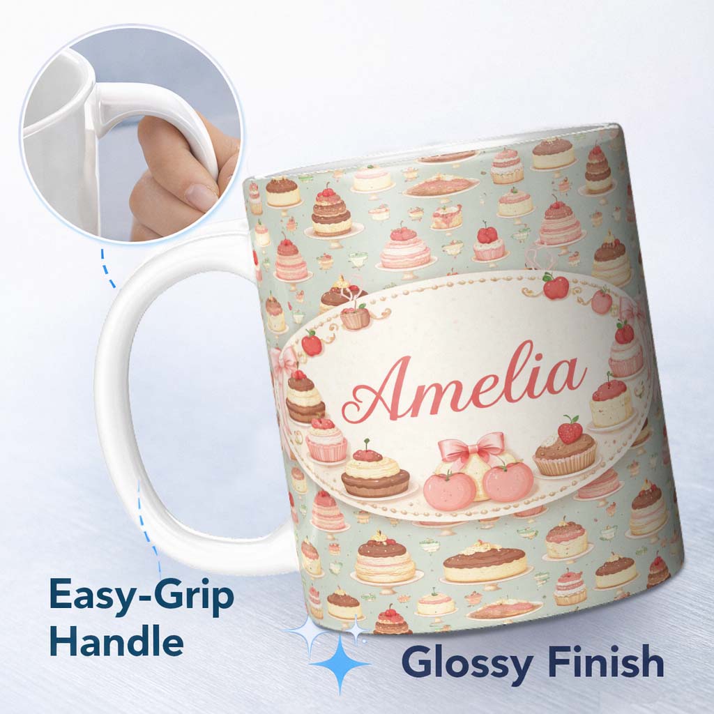 Personalized Custom Name Pastel Cake Slice Seamless Pattern Cute Dessert Sweet Food Design 11oz Ceramic Coffee Tea Mug White Large Handle