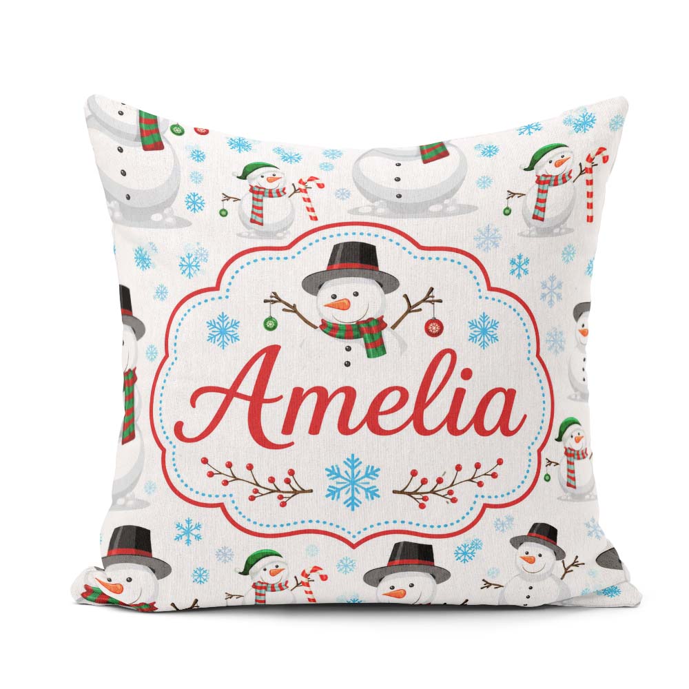 Custom Name Snowman Winter Scarf Hat Snowflakes Seamless Pattern Square Filled Cushion Throw Pillow Sofa Bed Home Decor Zip Washable UK Made