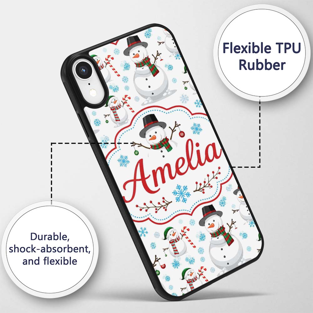 Cute Snowman Winter Scarf Hat Snowflakes Seamless Custom Name Protective Phone Case Mobile Cover Durable Everyday Smartphone Shock Resistant