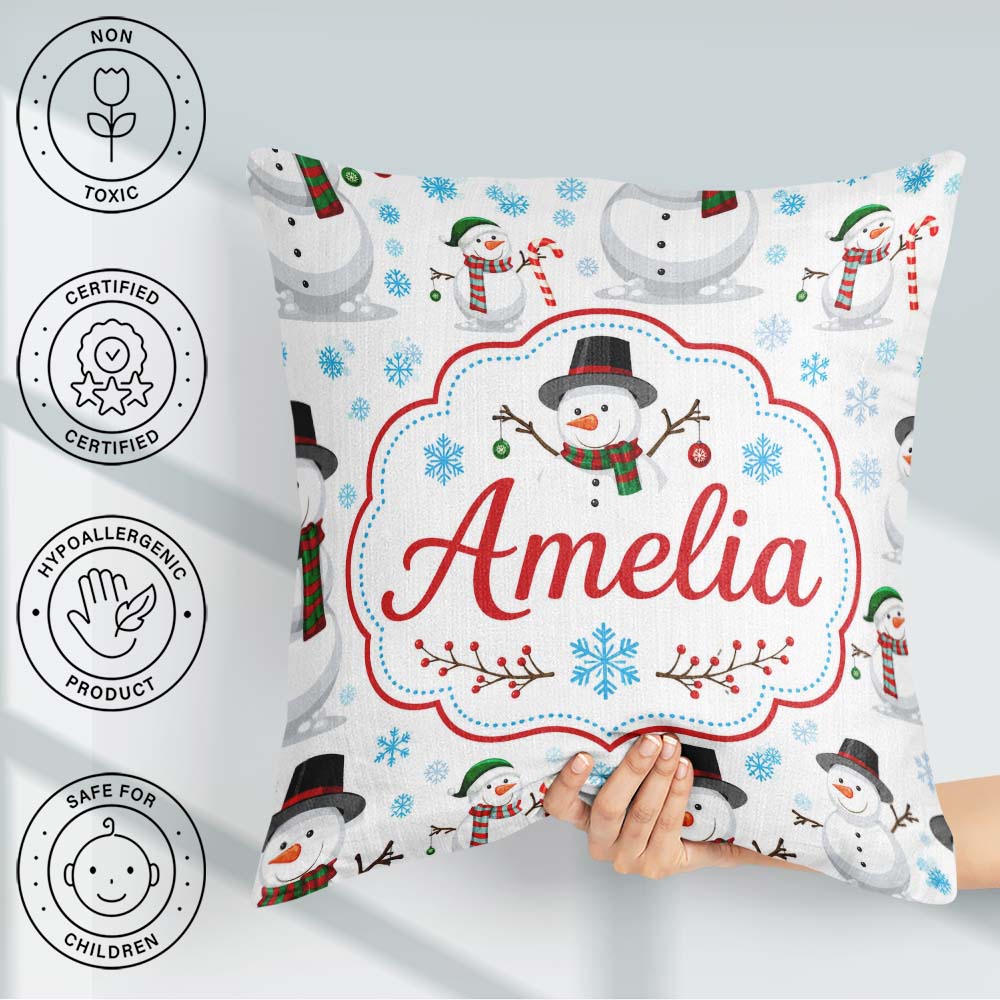 Custom Name Snowman Winter Scarf Hat Snowflakes Seamless Pattern Square Filled Cushion Throw Pillow Sofa Bed Home Decor Zip Washable UK Made