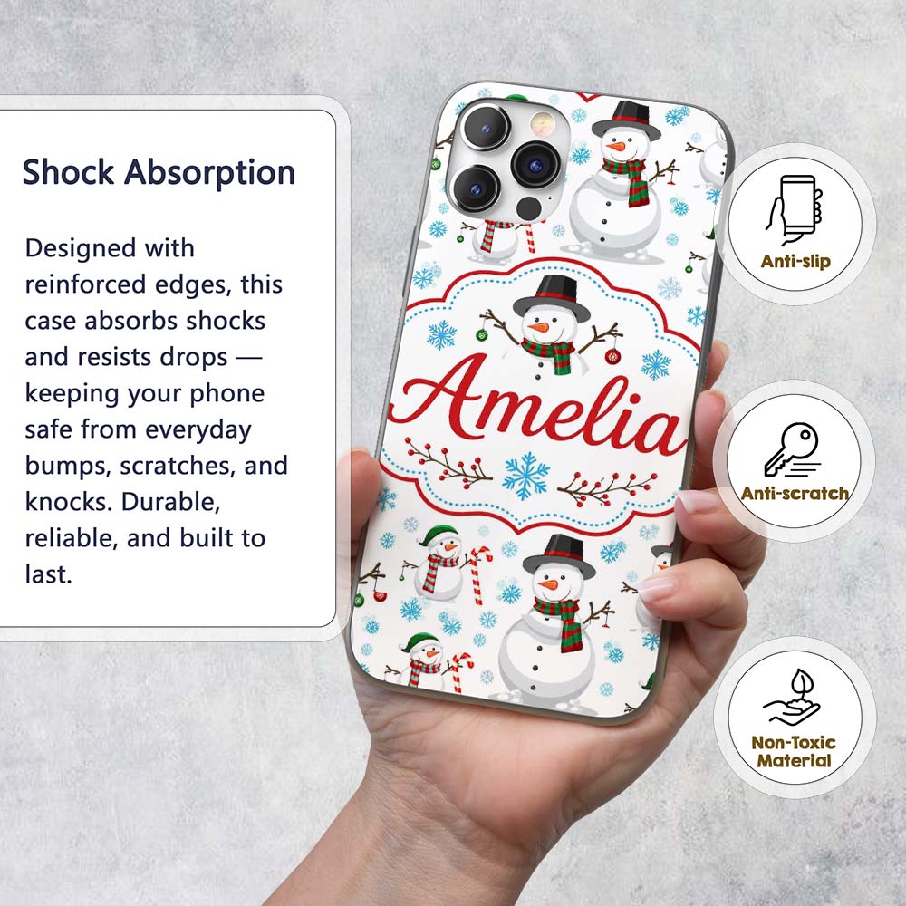 Cute Snowman Winter Scarf Hat Snowflakes Seamless Custom Name Protective Phone Case Mobile Cover Durable Everyday Smartphone Shock Resistant