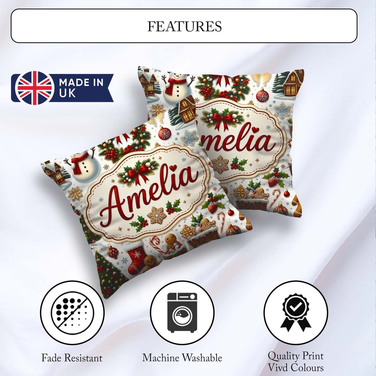 Custom Name Cute Christmas Wreath Snowman Cookies Tree Seamless Square Filled Cushion Throw Pillow Sofa Bed Home Decor Zip Washable UK Made