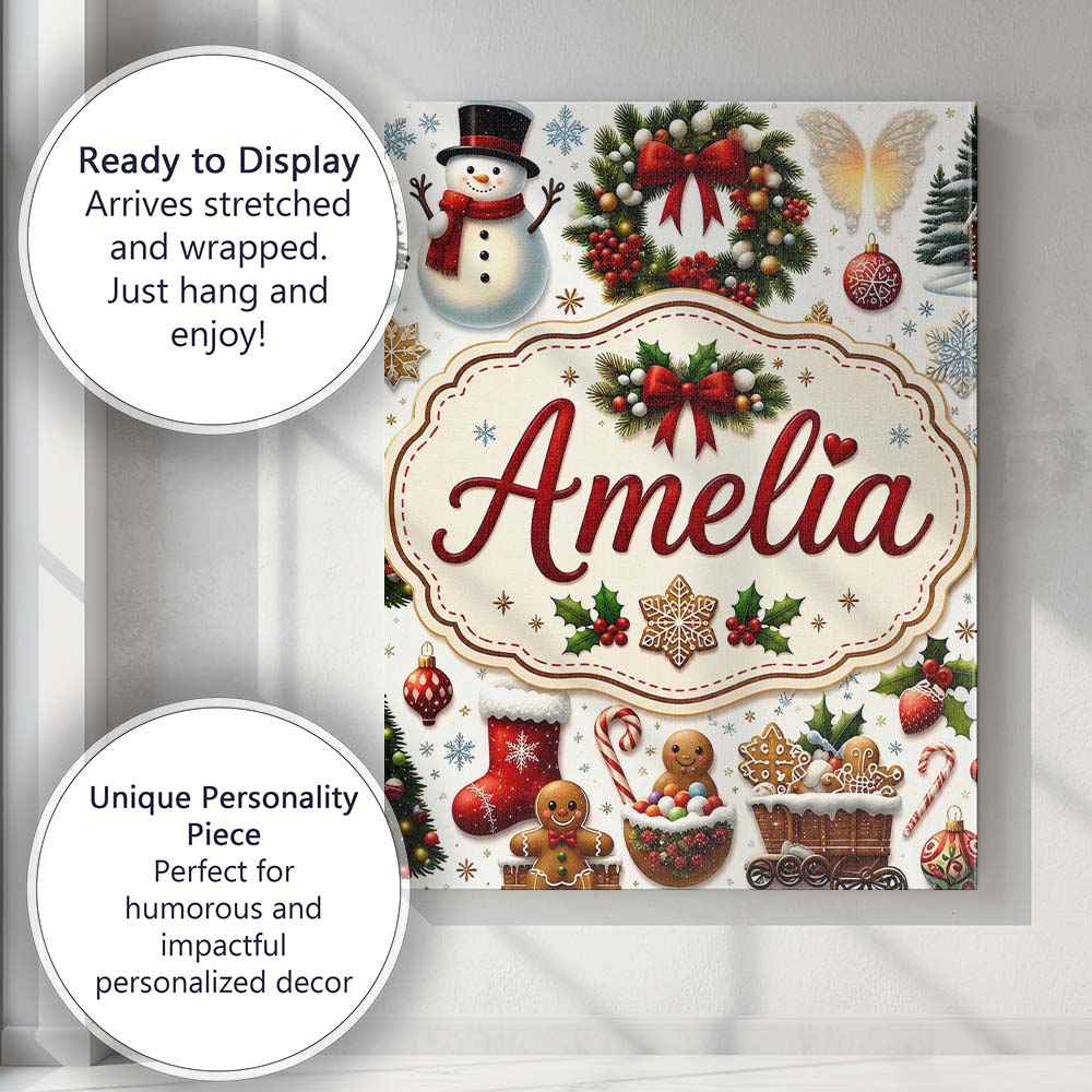 Personalised Name Cute Christmas Wreath Custom Modern Room Accent Elegant Feature Canvas Wall Art Print Decor Picture Ready to Hang