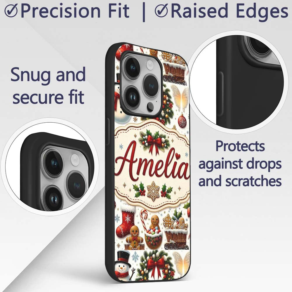 Cute Christmas Wreath Snowman Gingerbread Cookies Custom Name Protective Phone Case Mobile Cover Durable Everyday Smartphone Shock Resistant