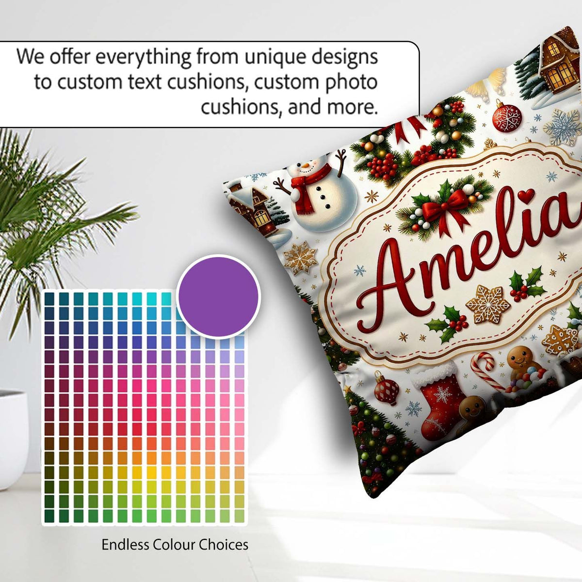 Custom Name Cute Christmas Wreath Snowman Cookies Tree Seamless Square Filled Cushion Throw Pillow Sofa Bed Home Decor Zip Washable UK Made