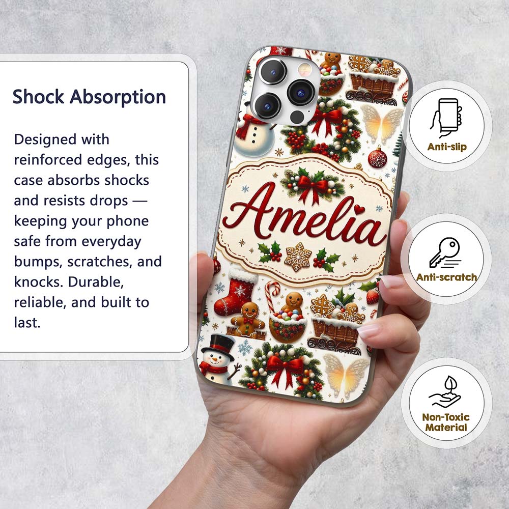 Cute Christmas Wreath Snowman Gingerbread Cookies Custom Name Protective Phone Case Mobile Cover Durable Everyday Smartphone Shock Resistant