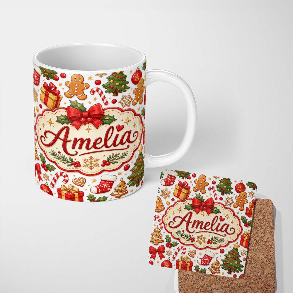Personalized Custom Name Cute Christmas Tree Gifts Gingerbread Festive Seamless Pattern 11oz Ceramic Coffee Tea Mug White Large Handle