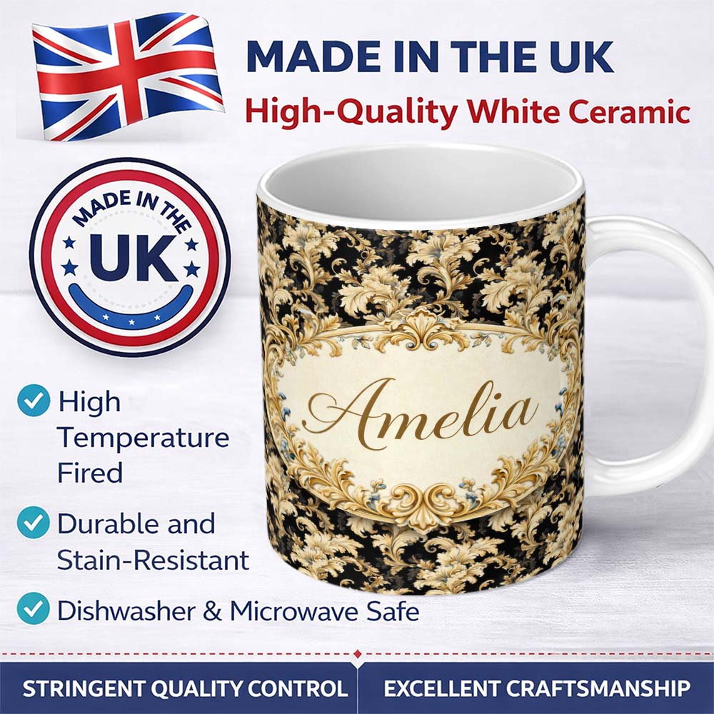 Personalized Custom Name Ivory Gold Damask Seamless Pattern Classic Elegant Ornamental Lovely 11oz Ceramic Coffee Tea Mug White Large Handle