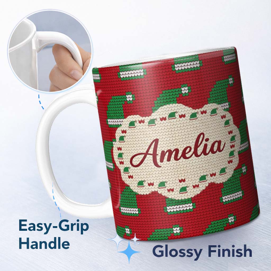 Personalized Custom Name Festive Christmas Hat Knitted Seamless Pattern Holiday Lovely 11oz Ceramic Coffee Tea Mug White Large Handle