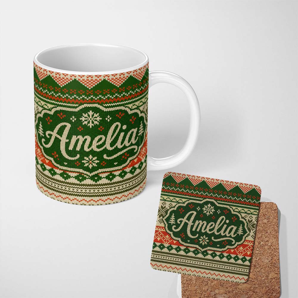 Personalized Custom Name Cute Green Beige Nordic Geometric Winter Knitted Seamless Pattern 11oz Ceramic Coffee Tea Mug White Large Handle