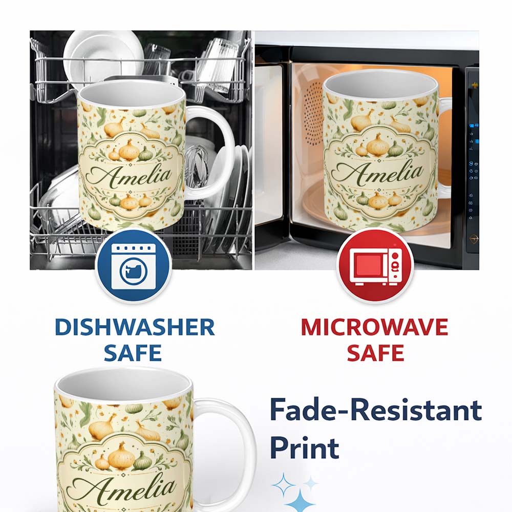 Personalized Custom Name Watercolor Onion and Herb Seamless Pattern Light Botanical Kitchen 11oz Ceramic Coffee Tea Mug White Large Handle