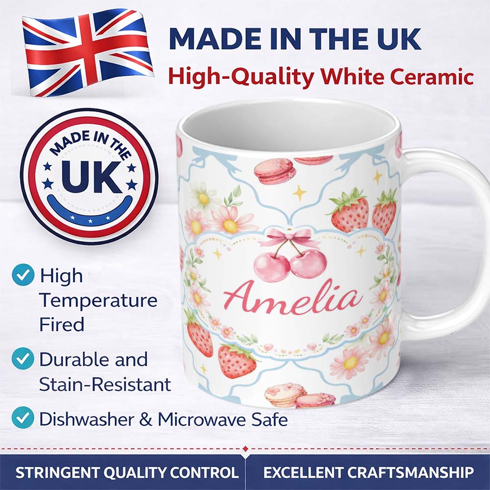 Personalized Custom Name Strawberry Cherry Daisy White Blue Outline Cute Coquette Floral 11oz Ceramic Coffee Tea Mug White Large Handle