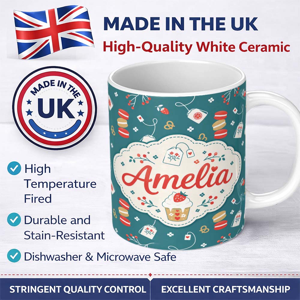Personalized Custom Name Cute Macaron Cupcake Tea Bag Strawberry Seamless Pattern Lovely 11oz Ceramic Coffee Tea Mug White Large Handle