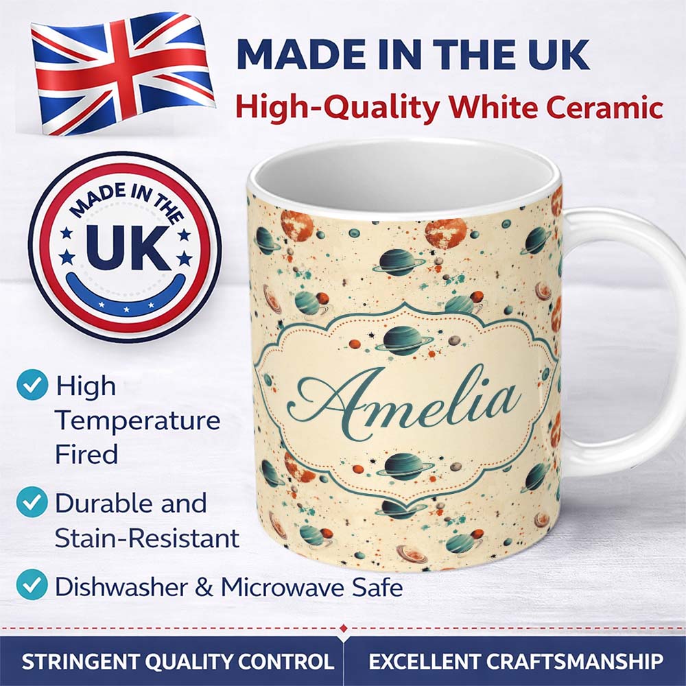 Personalized Custom Name Minimal Beige Planets Orbit Space Seamless Pattern Cosmic Lovely 11oz Ceramic Coffee Tea Mug White Large Handle