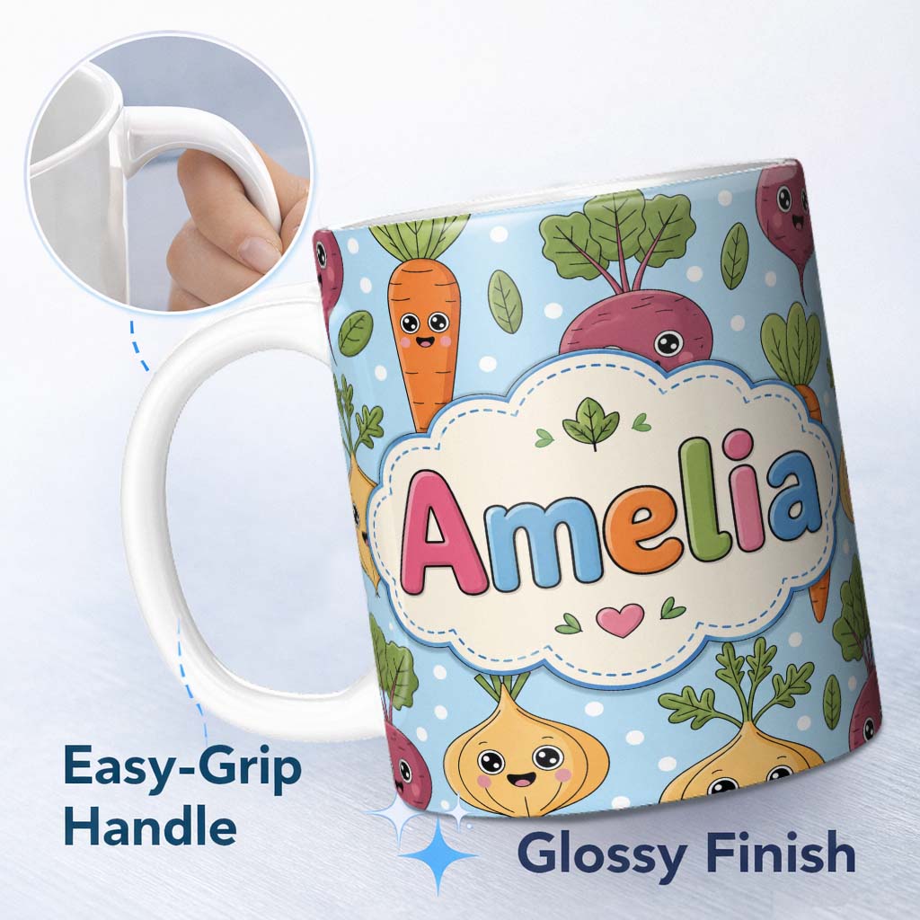 Personalized Custom Name Cute Happy Vegetables Carrots Beetroot Onion Garden Seamless Pattern 11oz Ceramic Coffee Tea Mug White Large Handle