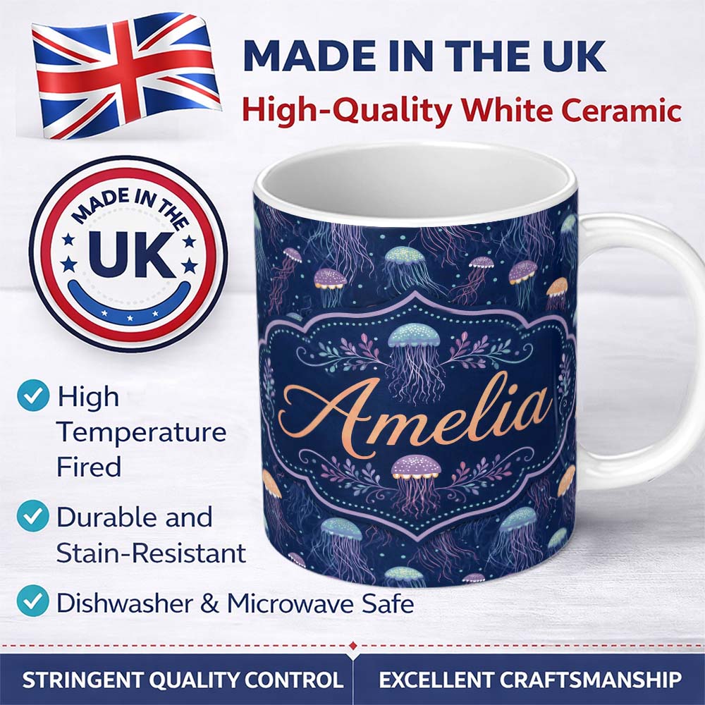 Personalized Custom Name Cute Multicolor Jellyfish Pattern on Deep Blue Ocean Background 11oz Ceramic Coffee Tea Mug White Large Handle
