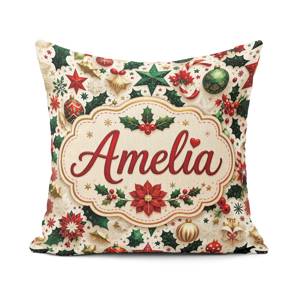 Custom Name Festive Christmas Ornaments Leaves Seamless Pattern Square Filled Cushion Throw Pillow Sofa Bed Home Decor Zip Washable UK Made