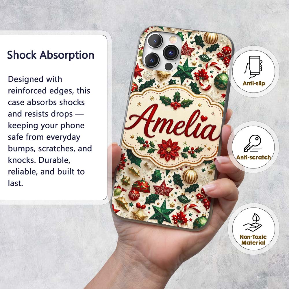 Festive Christmas Stars Ornaments Holly Leaves Custom Name Protective Phone Case Mobile Cover Durable Everyday Smartphone Shock Resistant