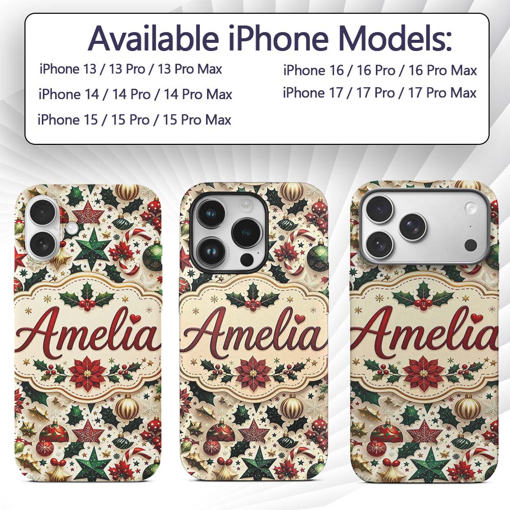 Festive Christmas Stars Ornaments Holly Leaves Custom Name Protective Phone Case Mobile Cover Durable Everyday Smartphone Shock Resistant