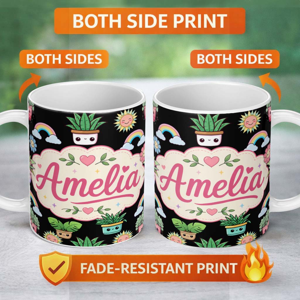 Personalized Custom Name Cute Kawaii Rainbow Sun Flowers Plant Pots Seamless Pattern Black 11oz Ceramic Coffee Tea Mug White Large Handle