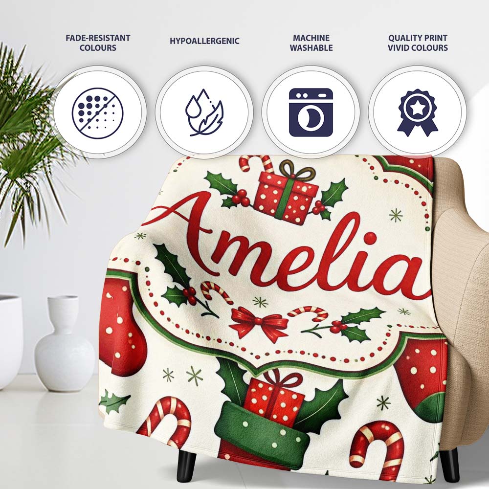 Cute Christmas Stockings Gifts Candy Cane Holly Seamless Pattern Personalised Custom Name Super Soft Fleece Blanket Bed Sofa Throw