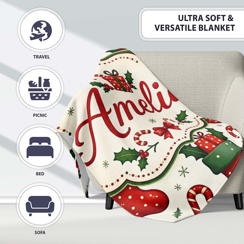 Cute Christmas Stockings Gifts Candy Cane Holly Seamless Pattern Personalised Custom Name Super Soft Fleece Blanket Bed Sofa Throw