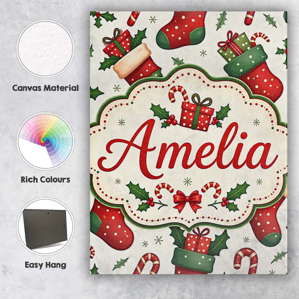 Personalised Name Cute Christmas Stockings Custom Unique Gift Idea Elegant Feature Canvas Wall Art Print Decor Picture Ready to Hang