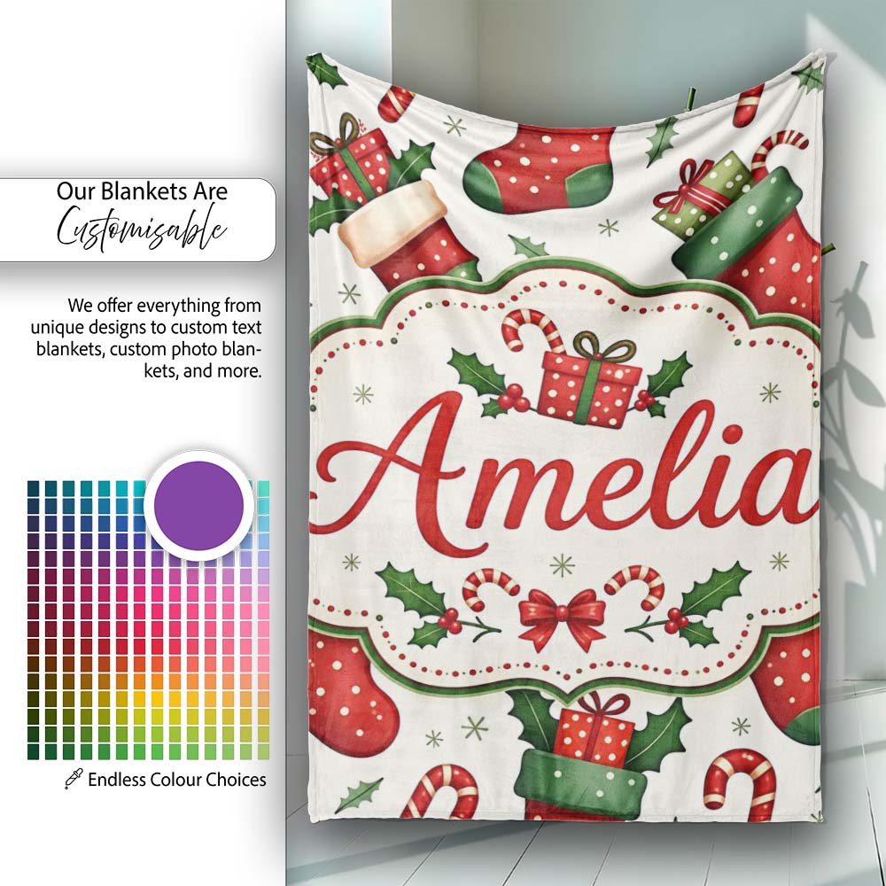 Cute Christmas Stockings Gifts Candy Cane Holly Seamless Pattern Personalised Custom Name Super Soft Fleece Blanket Bed Sofa Throw