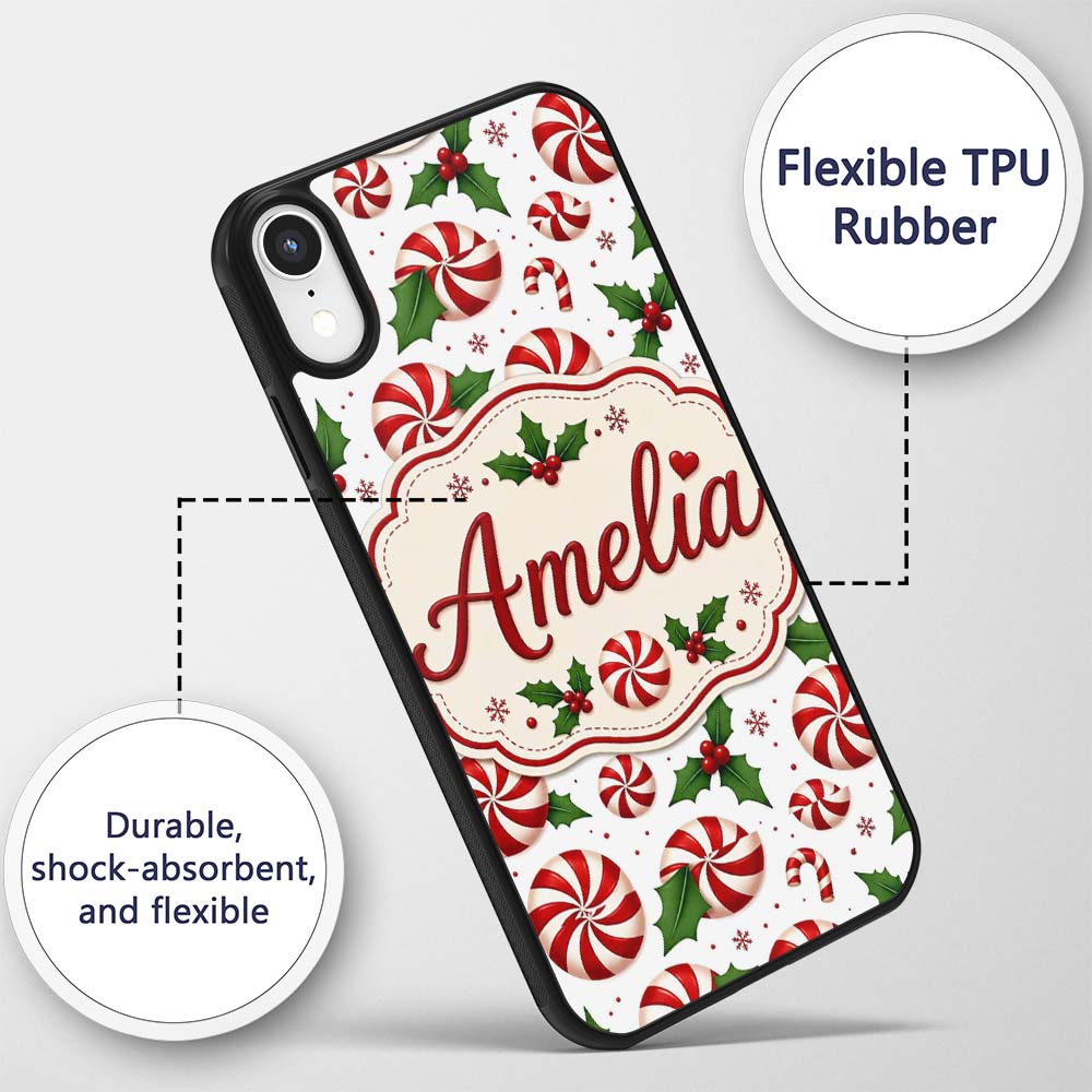 Red White Peppermint Candy Swirl Holly Seamless Custom Name Protective Phone Case Mobile Cover Durable Everyday Smartphone Shock Resistant