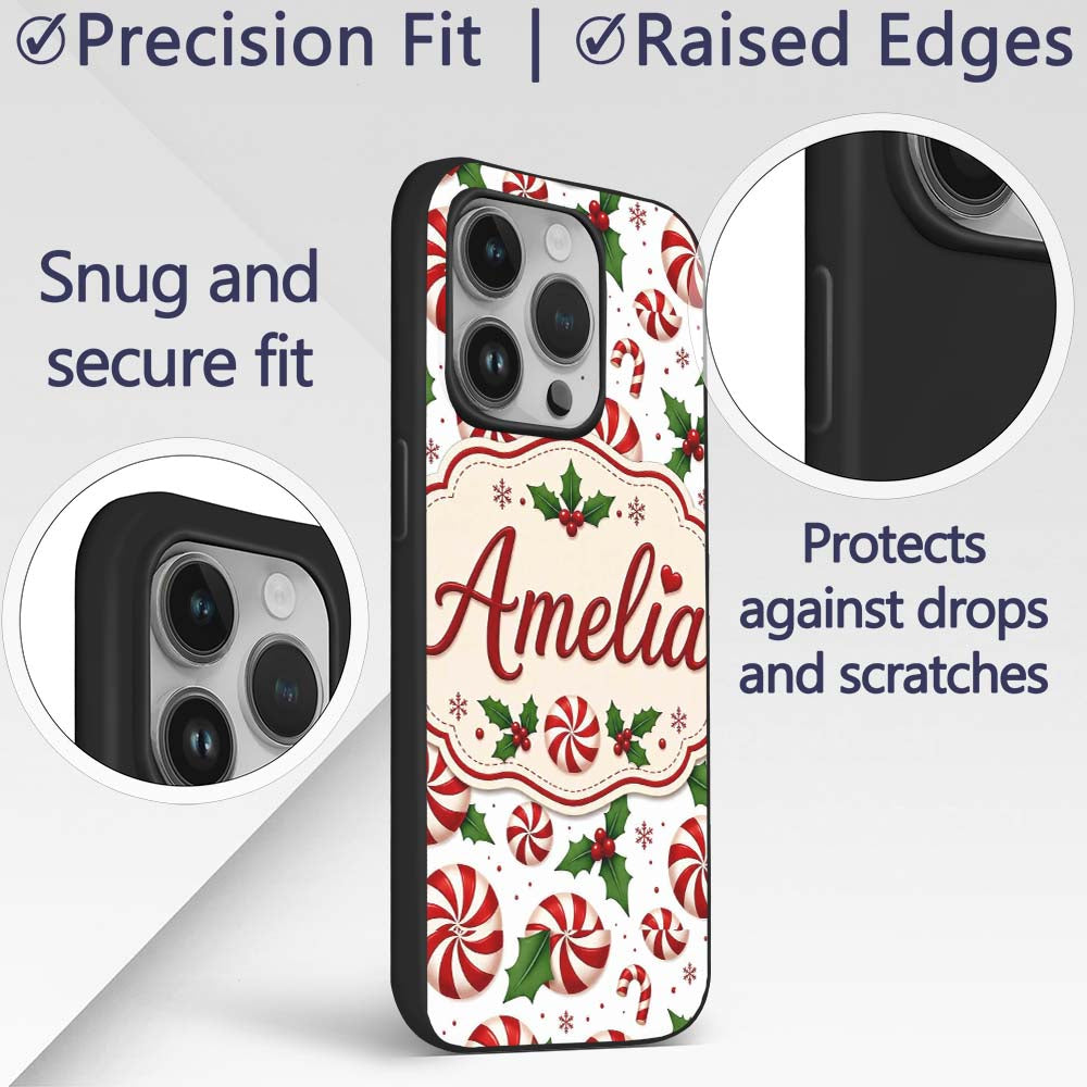 Red White Peppermint Candy Swirl Holly Seamless Custom Name Protective Phone Case Mobile Cover Durable Everyday Smartphone Shock Resistant