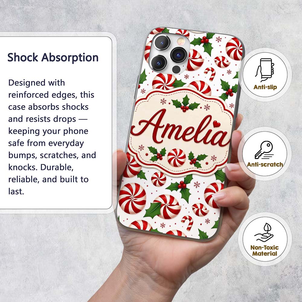 Red White Peppermint Candy Swirl Holly Seamless Custom Name Protective Phone Case Mobile Cover Durable Everyday Smartphone Shock Resistant