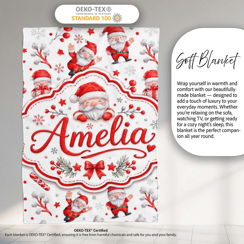 Cute Santa Claus Gift Stars Snowflakes Seamless Pattern Lovely Personalised Custom Name Super Soft Fleece Blanket Bed Sofa Throw