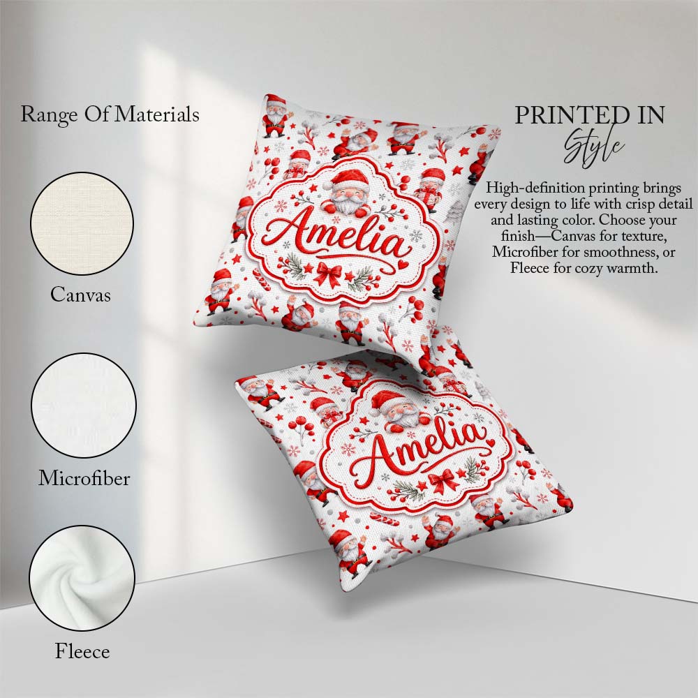 Custom Name Cute Santa Claus Stars Snowflakes Seamless Pattern Square Filled Cushion Throw Pillow Sofa Bed Home Decor Zip Washable UK Made