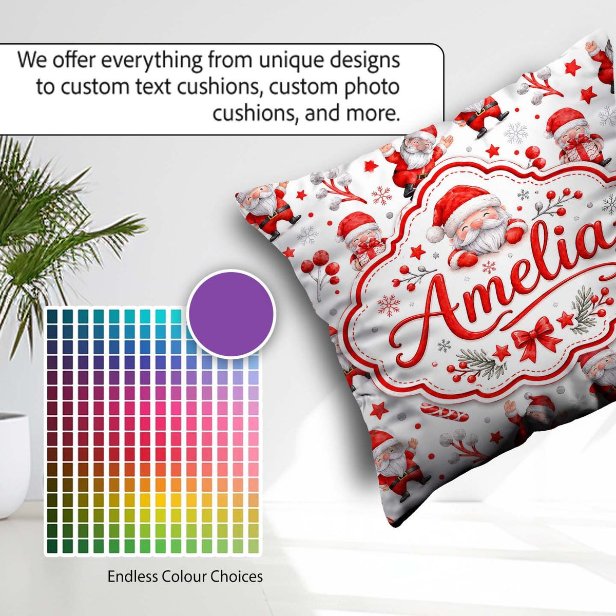 Custom Name Cute Santa Claus Stars Snowflakes Seamless Pattern Square Filled Cushion Throw Pillow Sofa Bed Home Decor Zip Washable UK Made