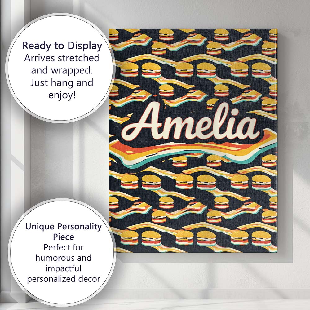Personalised Name Burger Geometric Seamless Pattern Fast Food Snack Custom Canvas Wall Art Print Decor Picture Ready to Hang