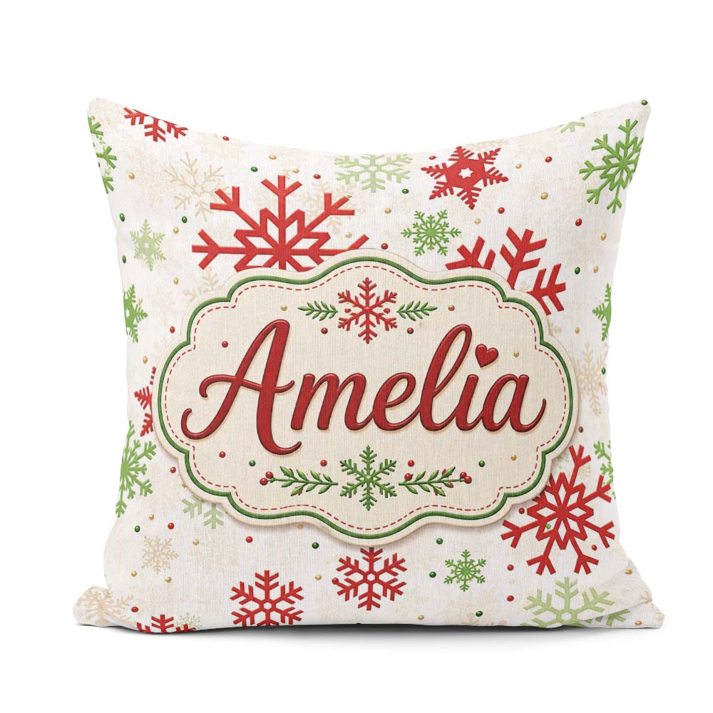 Custom Name Red Green Snowflake Winter Holiday Seamless Pattern Square Filled Cushion Throw Pillow Sofa Bed Home Decor Zip Washable UK Made