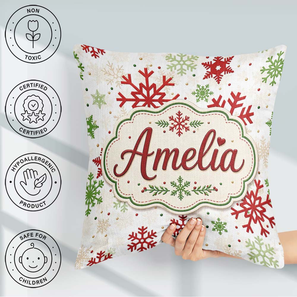 Custom Name Red Green Snowflake Winter Holiday Seamless Pattern Square Filled Cushion Throw Pillow Sofa Bed Home Decor Zip Washable UK Made