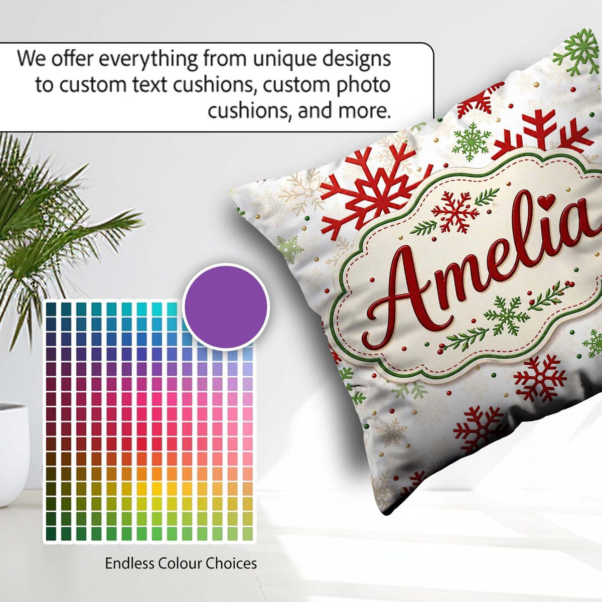 Custom Name Red Green Snowflake Winter Holiday Seamless Pattern Square Filled Cushion Throw Pillow Sofa Bed Home Decor Zip Washable UK Made