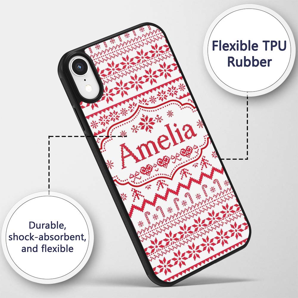 Scandinavian Red Nordic Knit Snowflake Pattern Custom Name Protective Phone Case Mobile Cover Durable Everyday Smartphone Shock Resistant