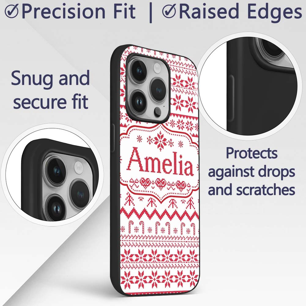 Scandinavian Red Nordic Knit Snowflake Pattern Custom Name Protective Phone Case Mobile Cover Durable Everyday Smartphone Shock Resistant