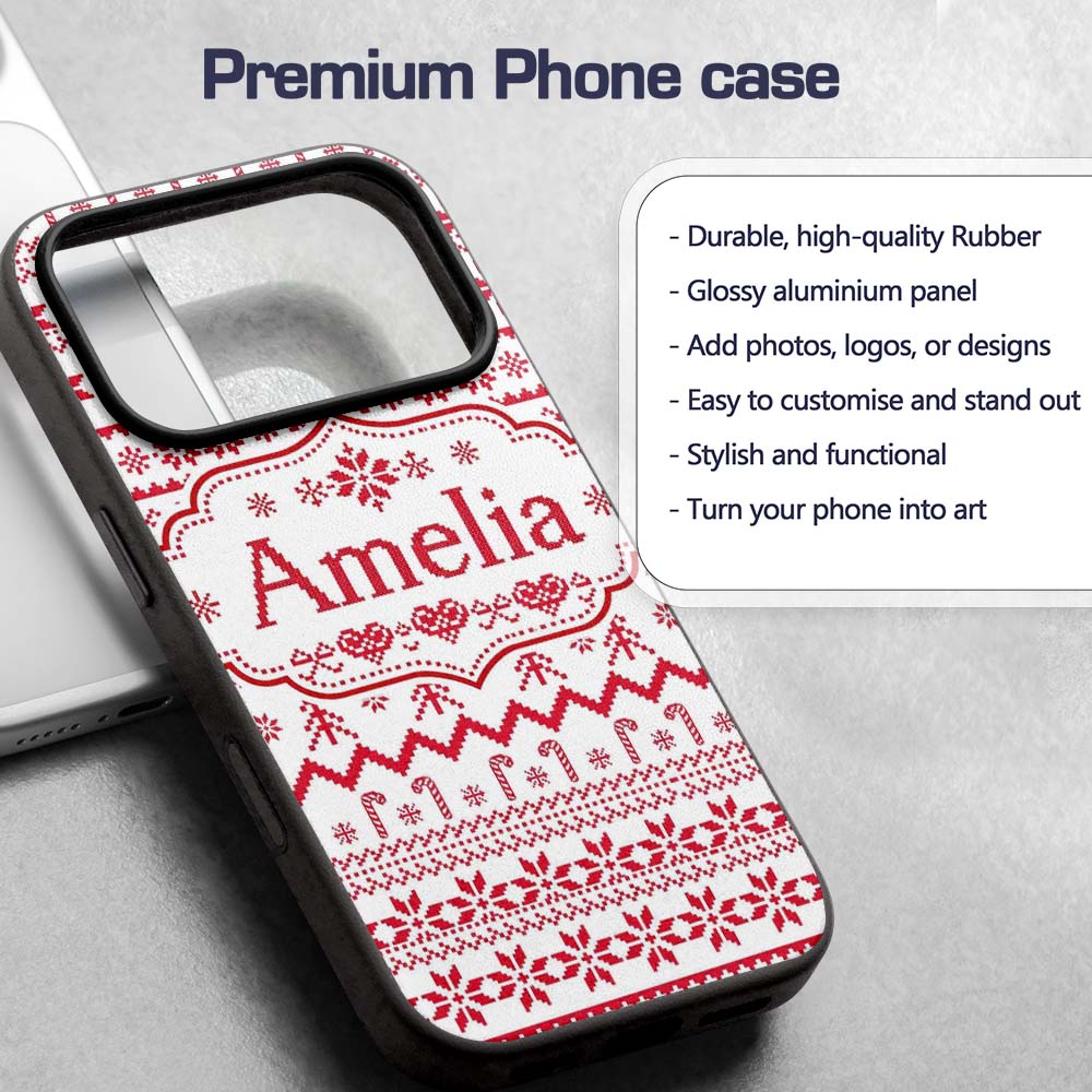 Scandinavian Red Nordic Knit Snowflake Pattern Custom Name Protective Phone Case Mobile Cover Durable Everyday Smartphone Shock Resistant