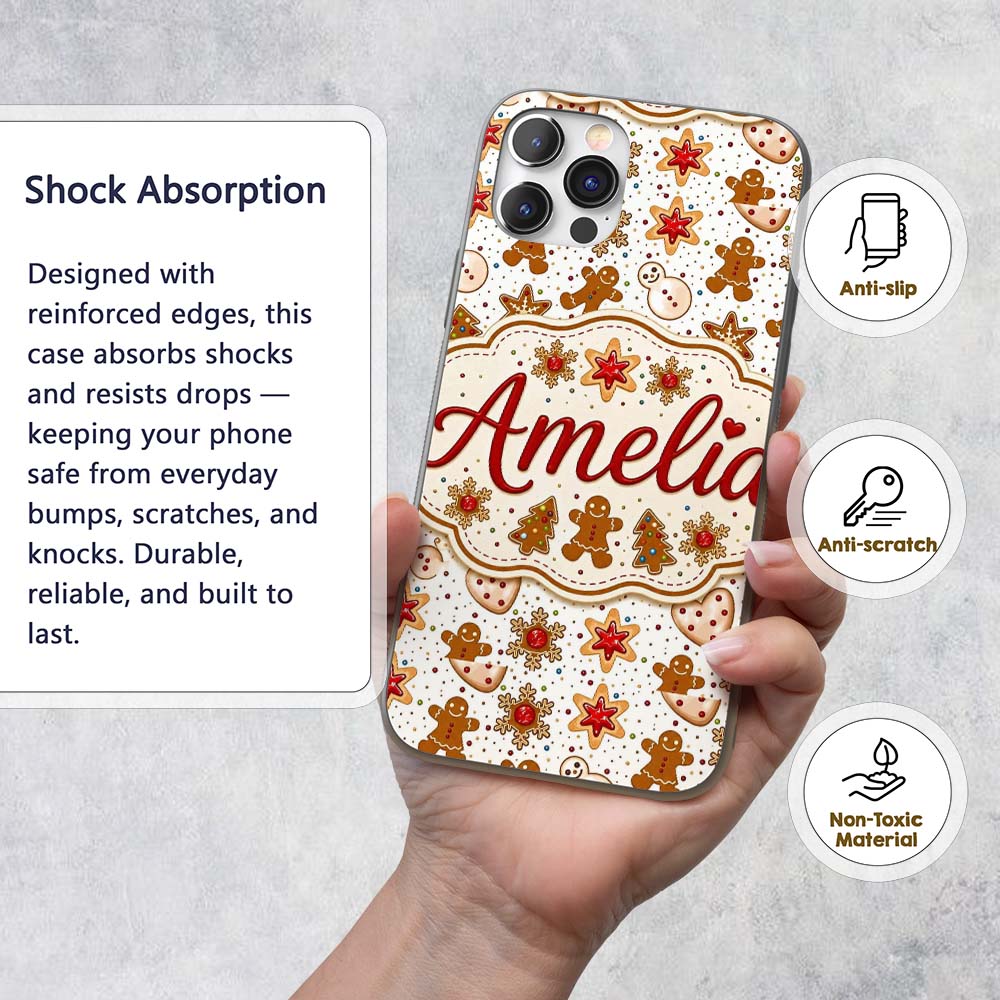 Cute Gingerbread Cookies Stars Hearts Snowflakes Custom Name Protective Phone Case Mobile Cover Durable Everyday Smartphone Shock Resistant