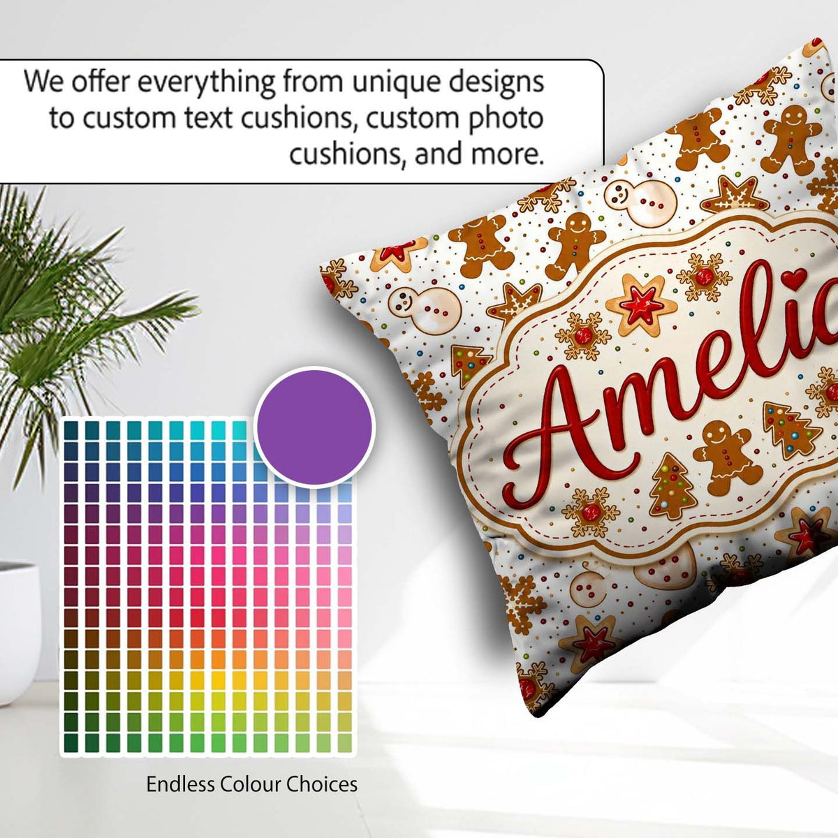 Custom Name Gingerbread Cookies Stars Hearts Snowflakes Seamless Square Filled Cushion Throw Pillow Sofa Bed Home Decor Zip Washable UK Made