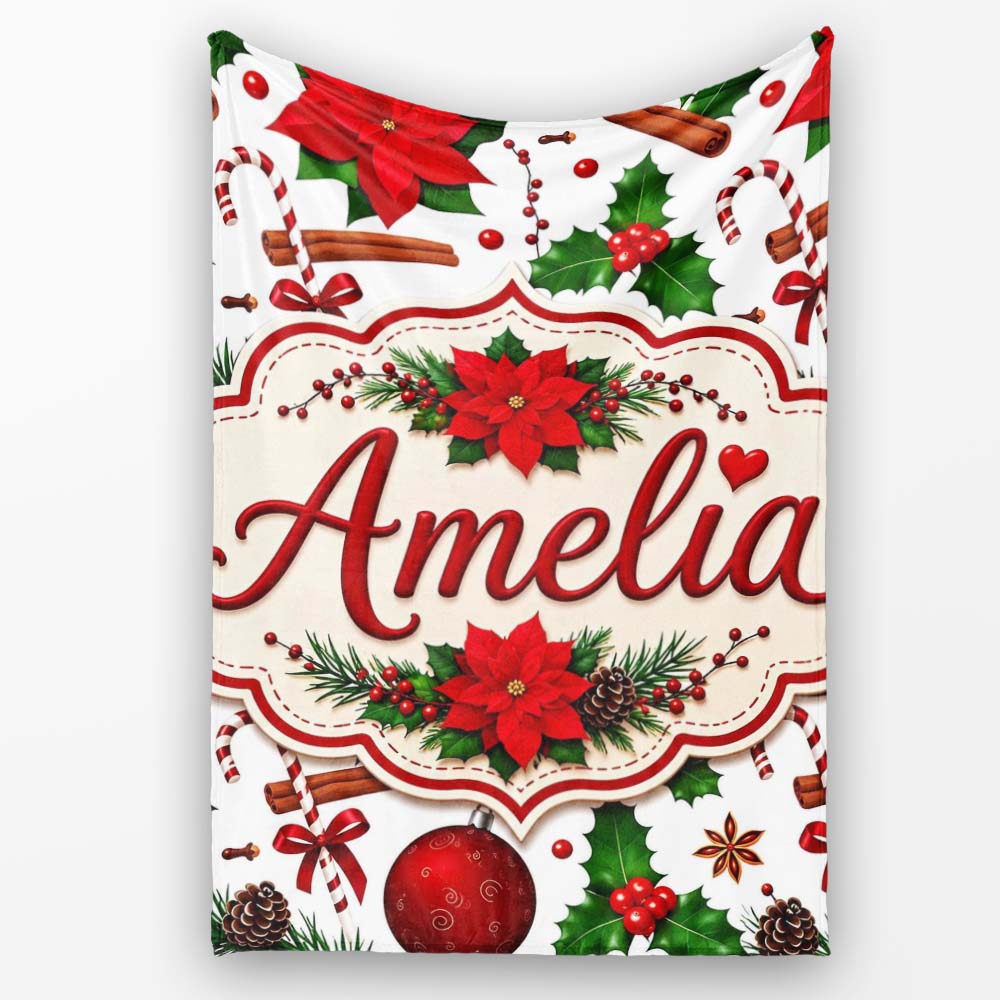 Festive Poinsettia Holly Candy Cane Cinnamon Seamless Pattern Lovely Personalised Custom Name Super Soft Fleece Blanket Bed Sofa Throw