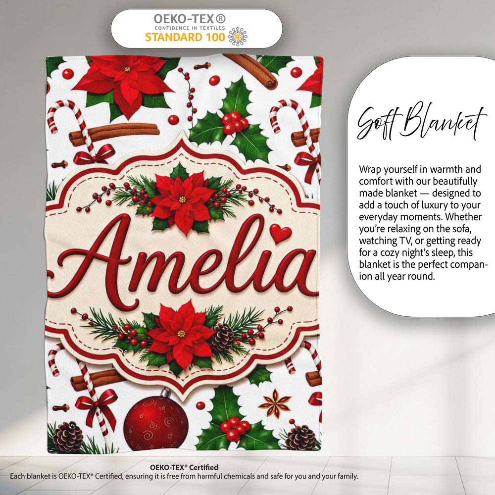 Festive Poinsettia Holly Candy Cane Cinnamon Seamless Pattern Lovely Personalised Custom Name Super Soft Fleece Blanket Bed Sofa Throw
