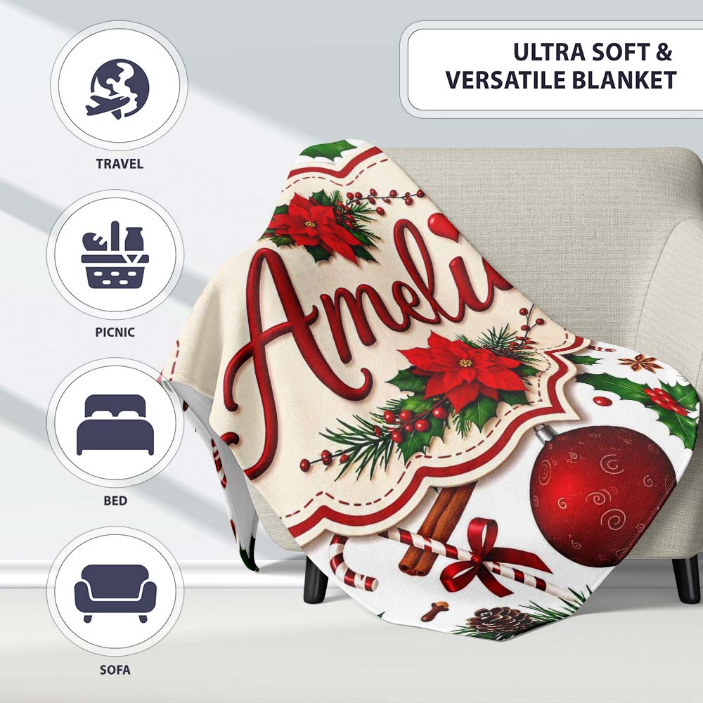 Festive Poinsettia Holly Candy Cane Cinnamon Seamless Pattern Lovely Personalised Custom Name Super Soft Fleece Blanket Bed Sofa Throw
