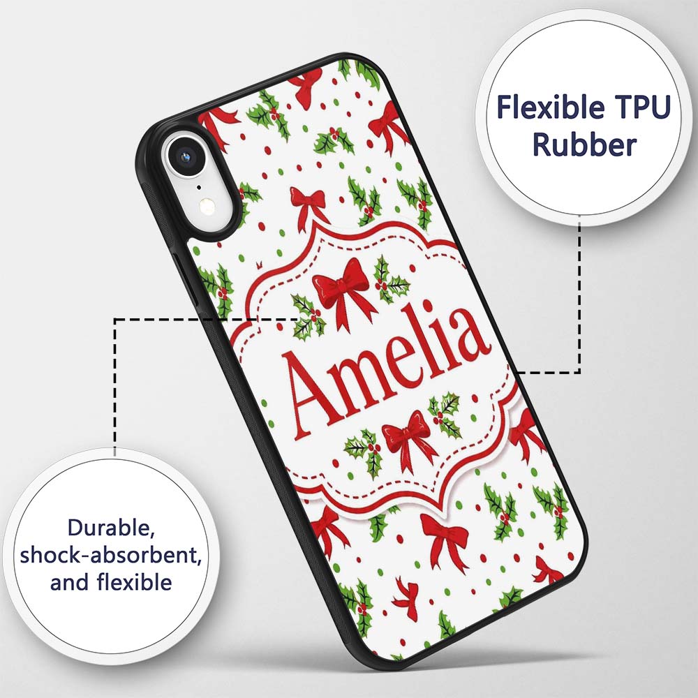 Christmas Holly Leaves Red Bows Printed Design Custom Name Protective Phone Case Mobile Cover Durable Everyday Smartphone Shock Resistant